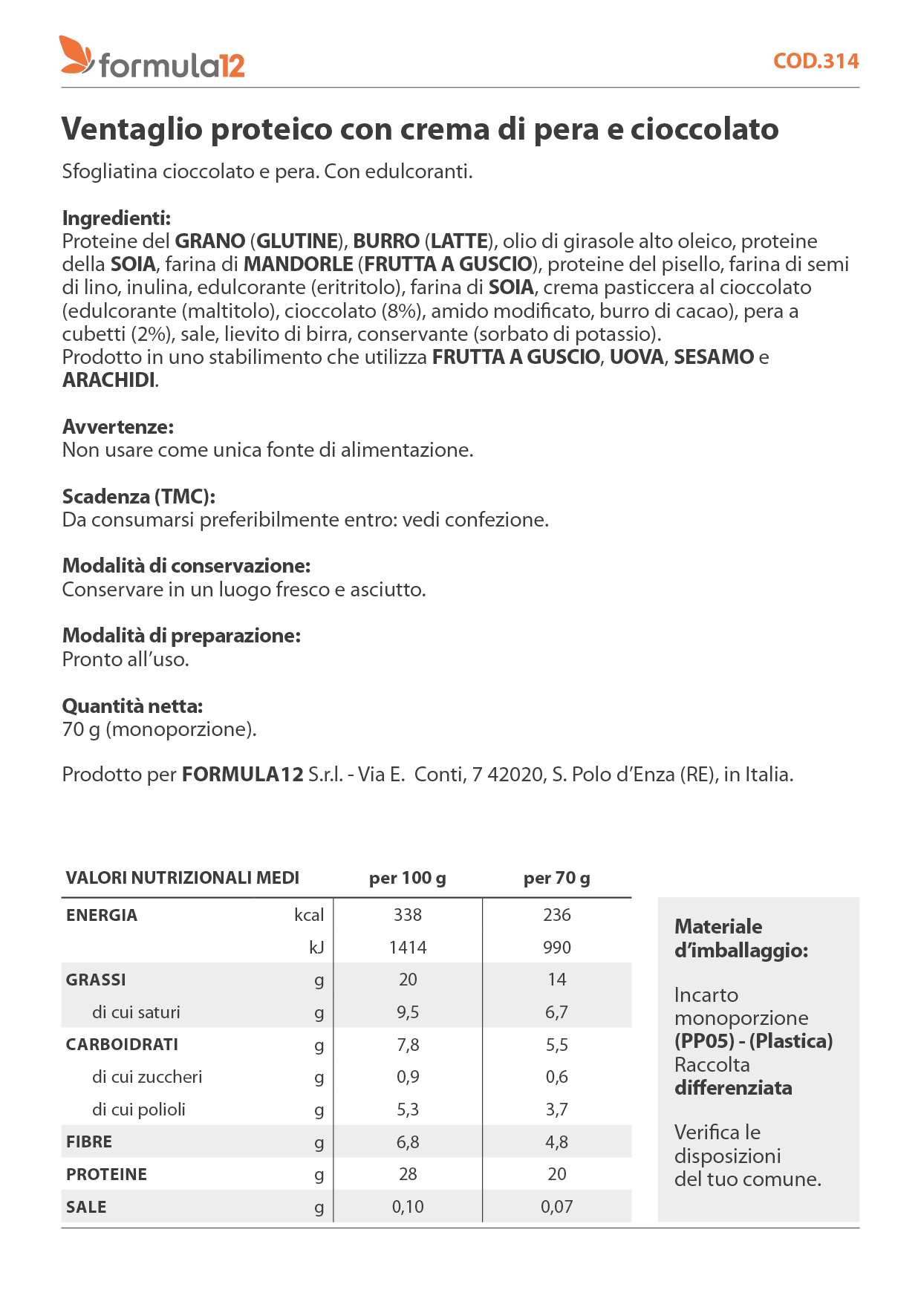 314_ Ventaglio proteico con crema di pera e cioccolato